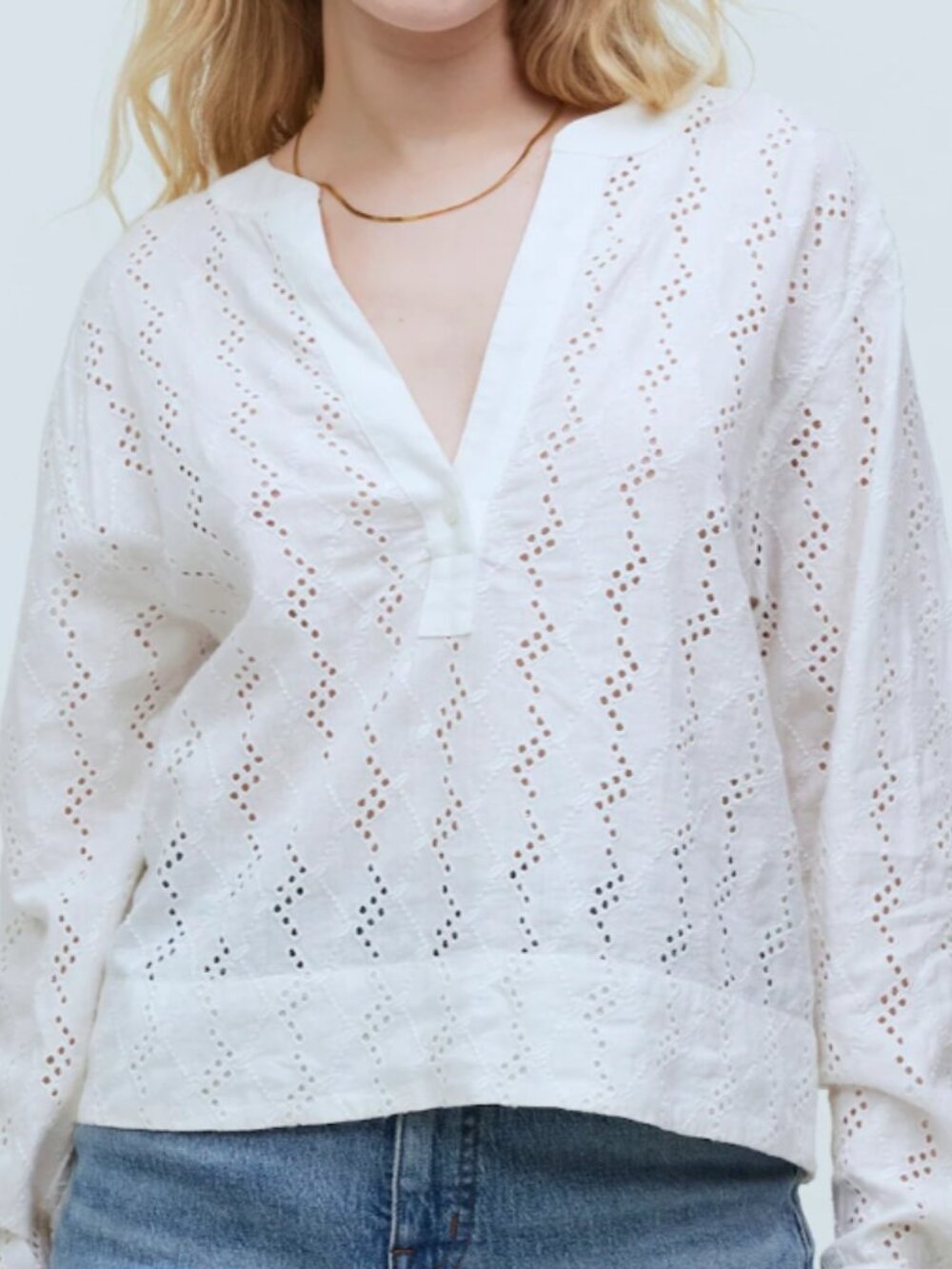 Madewell Long-Sleeve Popover Top in Eyelet size S Linen blend White NP008 NWT